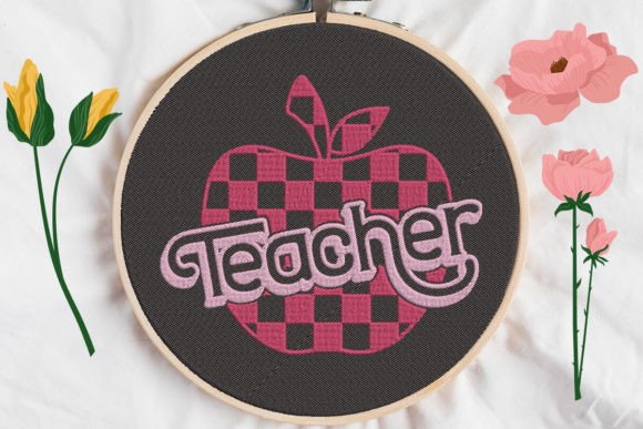 Teacher Sign Checkered Print Apple Embroidery Review